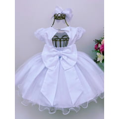 Vestido Infantil Branco Renda no Busto e Pérolas Batizado Luxo