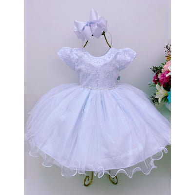Vestido Infantil Branco Renda no Busto Saia Brilho Batizado