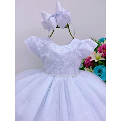 Vestido Infantil Branco Renda no Busto Saia Brilho Batizado