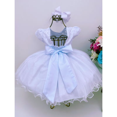 Vestido Infantil Branco Renda no Busto Saia Brilho Batizado