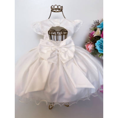 Vestido Infantil Marfim Batizado Renda e Pérolas Luxo