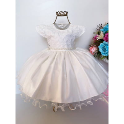 Vestido Infantil Marfim Batizado Renda e Pérolas Luxo