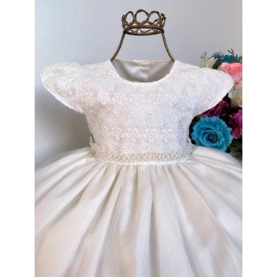 Vestido Infantil Marfim Batizado Renda e Pérolas Luxo