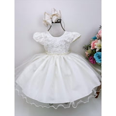 Vestido Infantil Marfim Busto C/ Renda e Pérolas Batizado