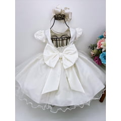 Vestido Infantil Marfim Busto C/ Renda e Pérolas Batizado