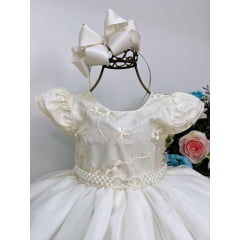 Vestido Infantil Marfim Busto Renda C/ Pérolas Batizado