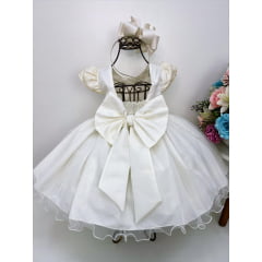 Vestido Infantil Marfim Busto Renda C/ Pérolas Batizado