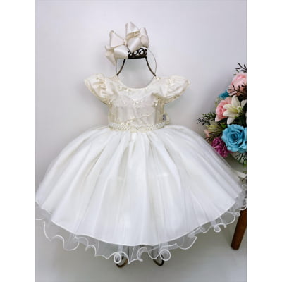 Vestido Infantil Marfim Busto Renda C/ Pérolas Batizado