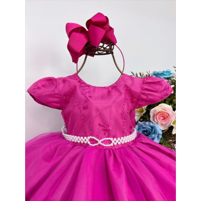 Vestido Infantil Pink Busto Renda C/ Pérolas Batizado
