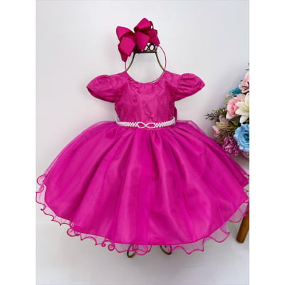 Vestido Infantil Pink Busto Renda C/ Pérolas Batizado