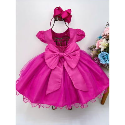 Vestido Infantil Pink Busto Renda C/ Pérolas Batizado
