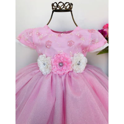 Vestido Infantil Rosa Bebê Luxo Festa Aniversário Princesa