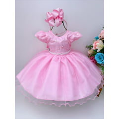 Vestido Infantil Rosa Busto C/ Renda e Pérolas Batizado