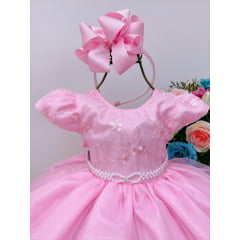 Vestido Infantil Rosa Busto C/ Renda e Pérolas Batizado