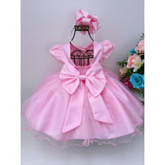 Vestido Infantil Rosa Busto C/ Renda e Pérolas Batizado