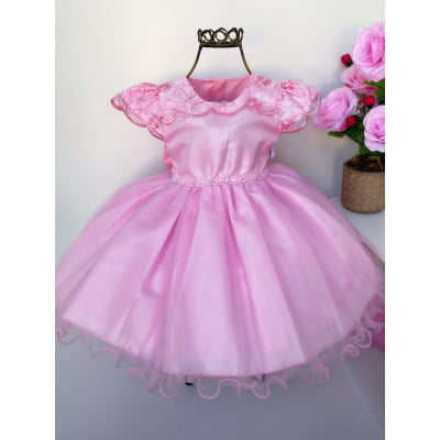 Vestido Infantil Rosa Rendado Cinto Pérolas Luxo Festas