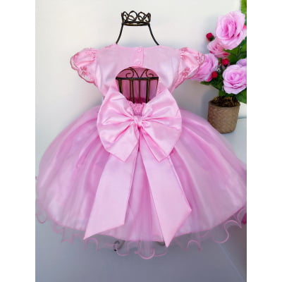 Vestido Infantil Rosa Rendado Cinto Pérolas Luxo Festas
