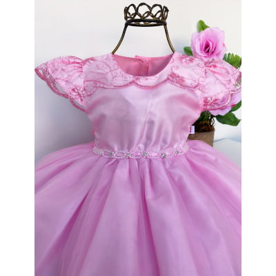 Vestido Infantil Rosa Rendado Cinto Pérolas Luxo Festas
