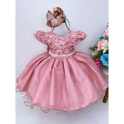 Vestido Infantil Rose Busto C/ Renda e Pérolas Batizado