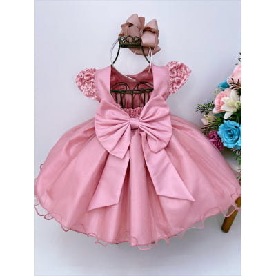 Vestido Infantil Rose Busto C/ Renda e Pérolas Batizado