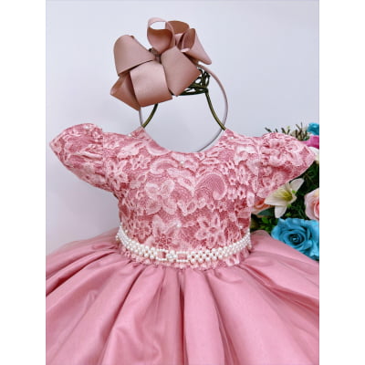 Vestido Infantil Rose Busto C/ Renda e Pérolas Batizado
