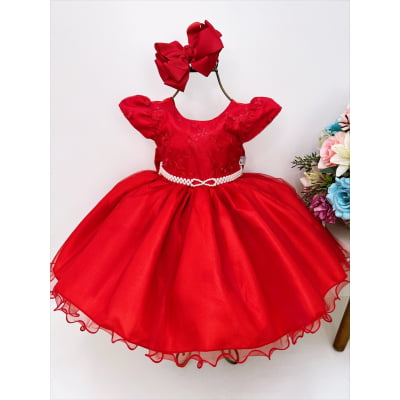 Vestido Infantil Vermelho Busto C/ Renda e Pérolas Batizado