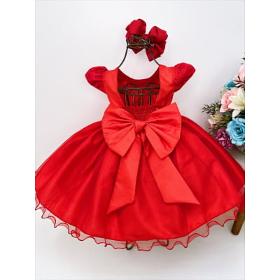 Vestido Infantil Vermelho Busto C/ Renda e Pérolas Batizado