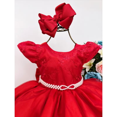 Vestido Infantil Vermelho Busto C/ Renda e Pérolas Batizado