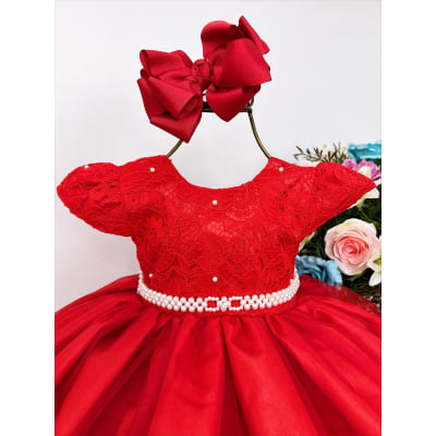 Vestido Infantil Vermelho Busto Renda C/ Pérolas Batizado