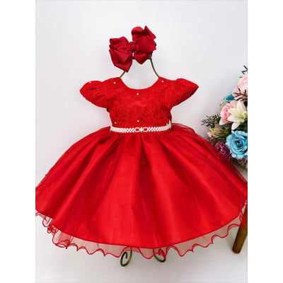 Vestido Infantil Vermelho Busto Renda C/ Pérolas Batizado
