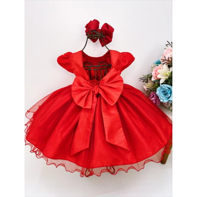 Vestido Infantil Vermelho Busto Renda C/ Pérolas Batizado