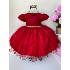 Vestido Infantil Vermelho Renda Luxo Princesas Cinto Pérolas