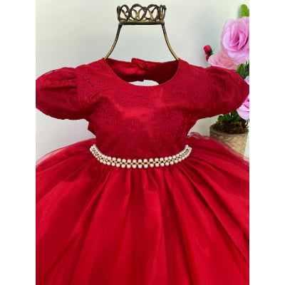 Vestido Infantil Vermelho Renda Luxo Princesas Cinto Pérolas