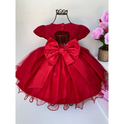 Vestido Infantil Vermelho Renda Luxo Princesas Cinto Pérolas