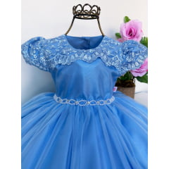 Vestido Infantil Azul Rendado Cinto Pérolas Luxo Festas