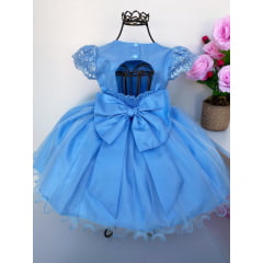 Vestido Infantil Azul Rendado Cinto Pérolas Luxo Festas