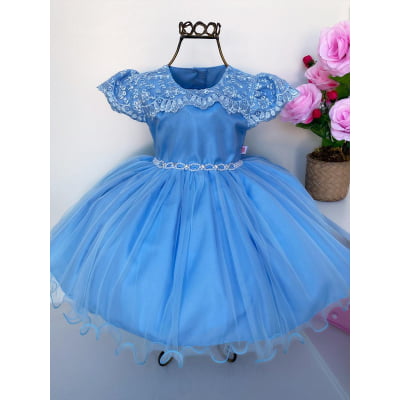 Vestido Infantil Azul Rendado Cinto Pérolas Luxo Festas