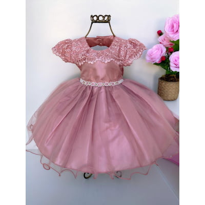 Vestido Infantil Rosê Rendado Cinto Pérolas Luxo Festas