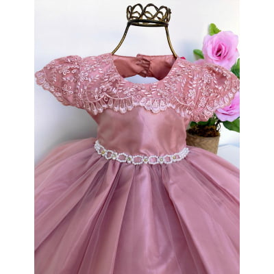 Vestido Infantil Rosê Rendado Cinto Pérolas Luxo Festas