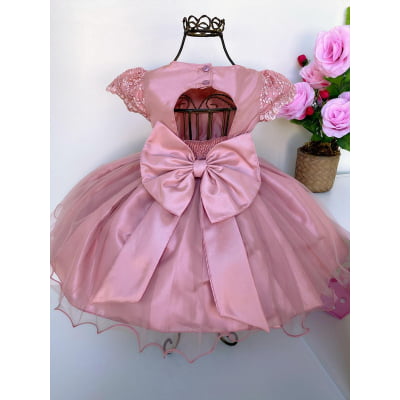 Vestido Infantil Rosê Rendado Cinto Pérolas Luxo Festas