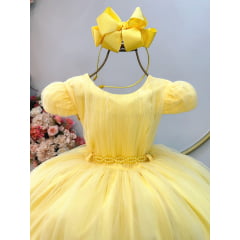Vestido Infantil Amarelo Cinto de Pérolas Casamentos Festas
