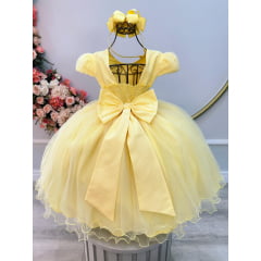 Vestido Infantil Amarelo Cinto de Pérolas Casamentos Festas