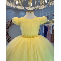 Vestido Infantil Amarelo Cinto de Pérolas Casamentos Festas