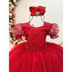 Vestido Infantil Vermelho Busto Com Renda Daminhas Casamentos