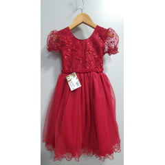 Vestido Infantil Vermelho Escuro Com Renda Daminhas Festas