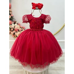 Vestido Infantil Vermelho Escuro Com Renda Daminhas Festas