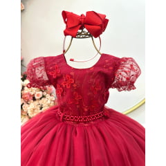 Vestido Infantil Vermelho Escuro Com Renda Daminhas Festas