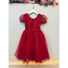 Vestido Infantil Vermelho Escuro Com Renda Daminhas Festas