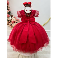 Vestido Infantil Vermelho Escuro Com Renda Daminhas Festas