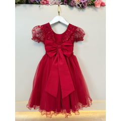 Vestido Infantil Vermelho Escuro Com Renda Daminhas Festas